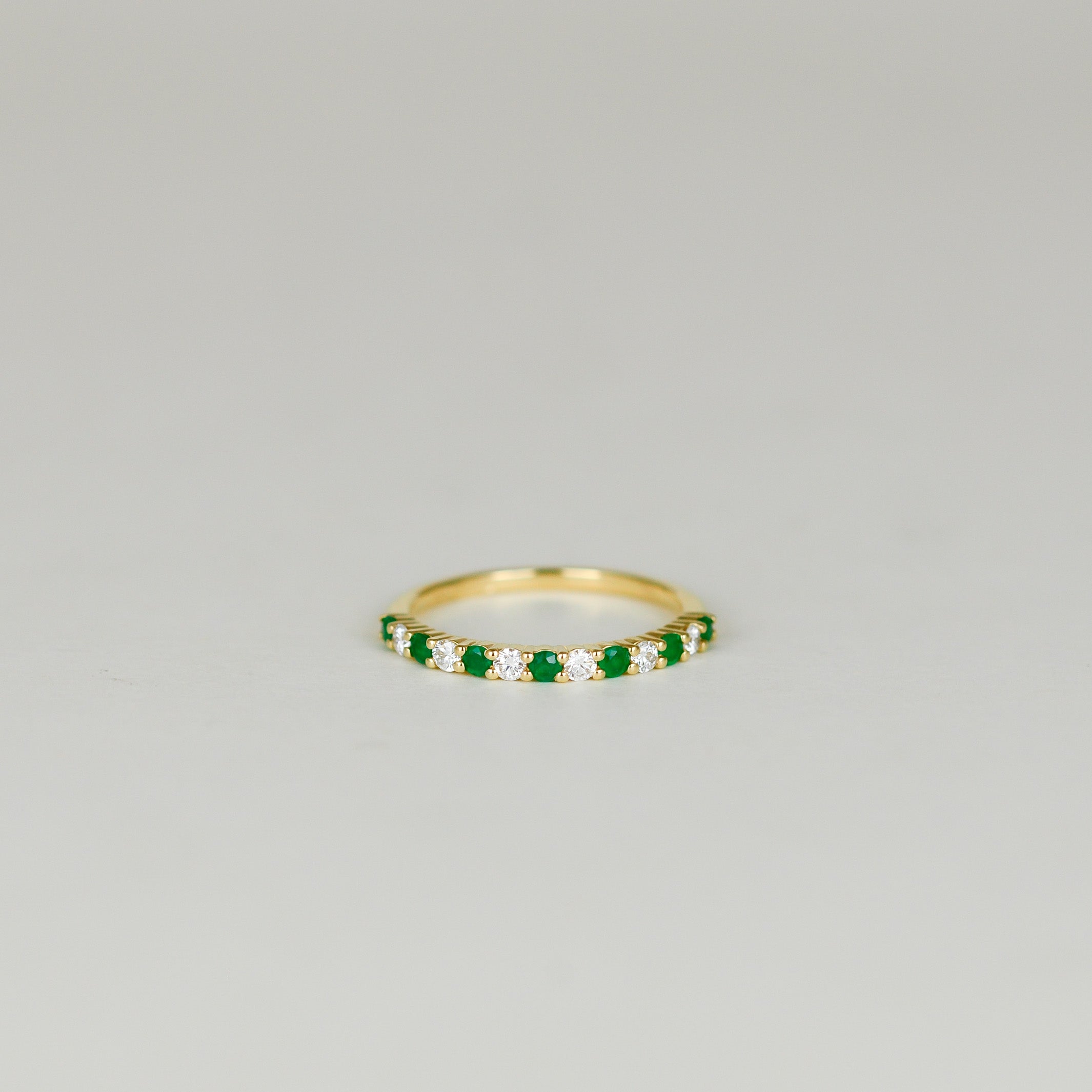 18ct Yellow Gold 0.20ct Round Diamond and Emerald Half Eternity Ring