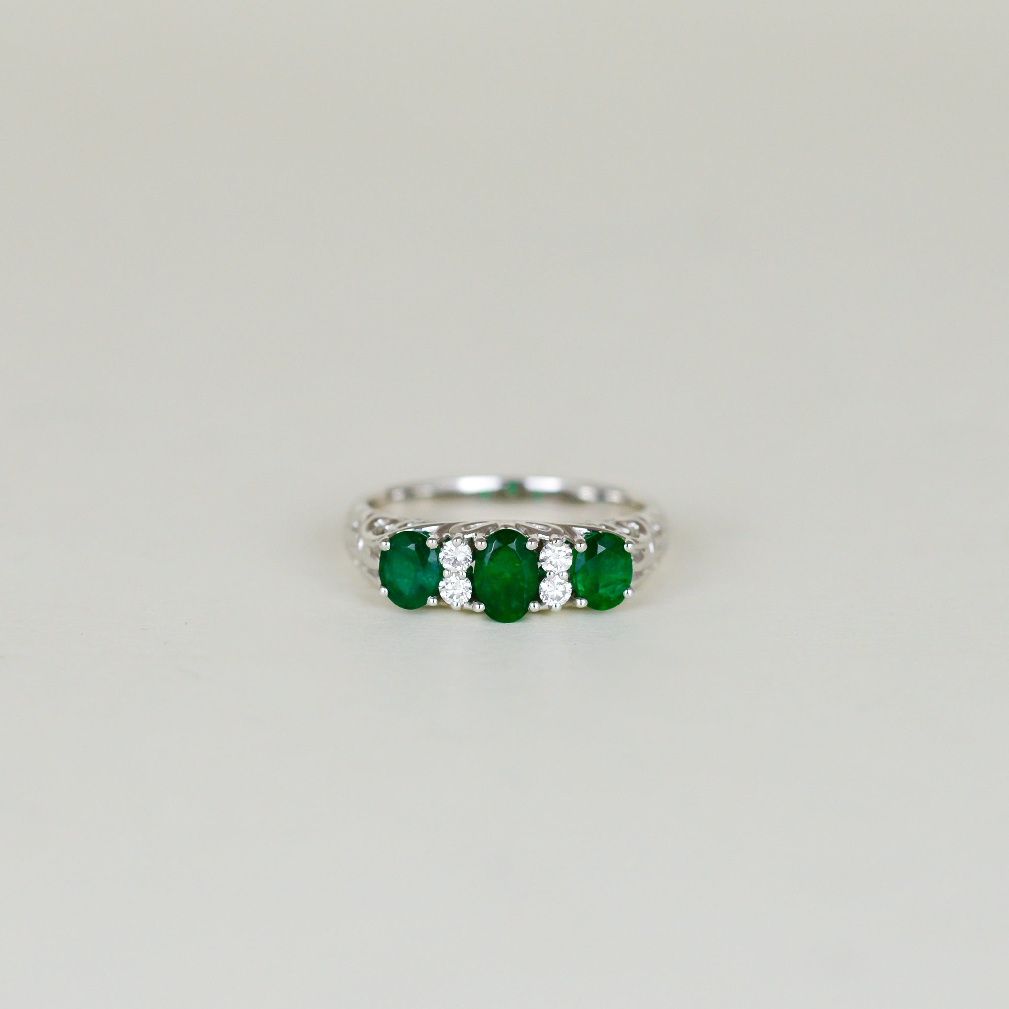 Platinum 1.07ct Oval Emerald and Diamond Dress Ring