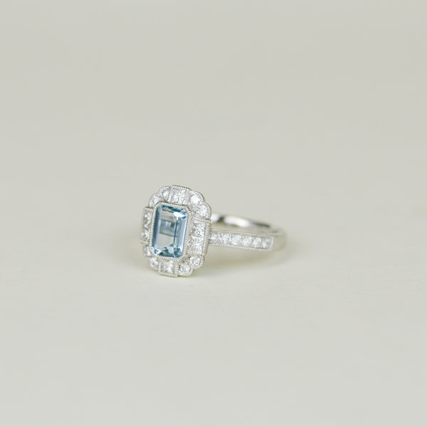 Platinum 0.97ct Emerald Cut Aquamarine and Diamond Dress Ring