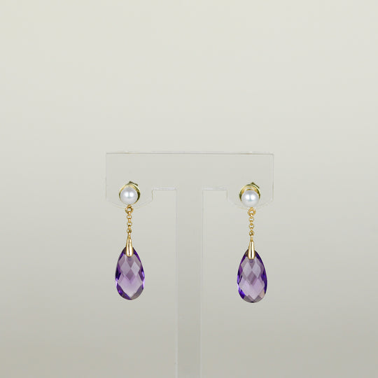 9ct Yellow Gold 3.22ct Oval Briolette Amethyst and Pearl Drop Earrings