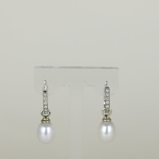 9ct White Gold Convertible Freshwater Pearl and Diamond Hoop Earrings