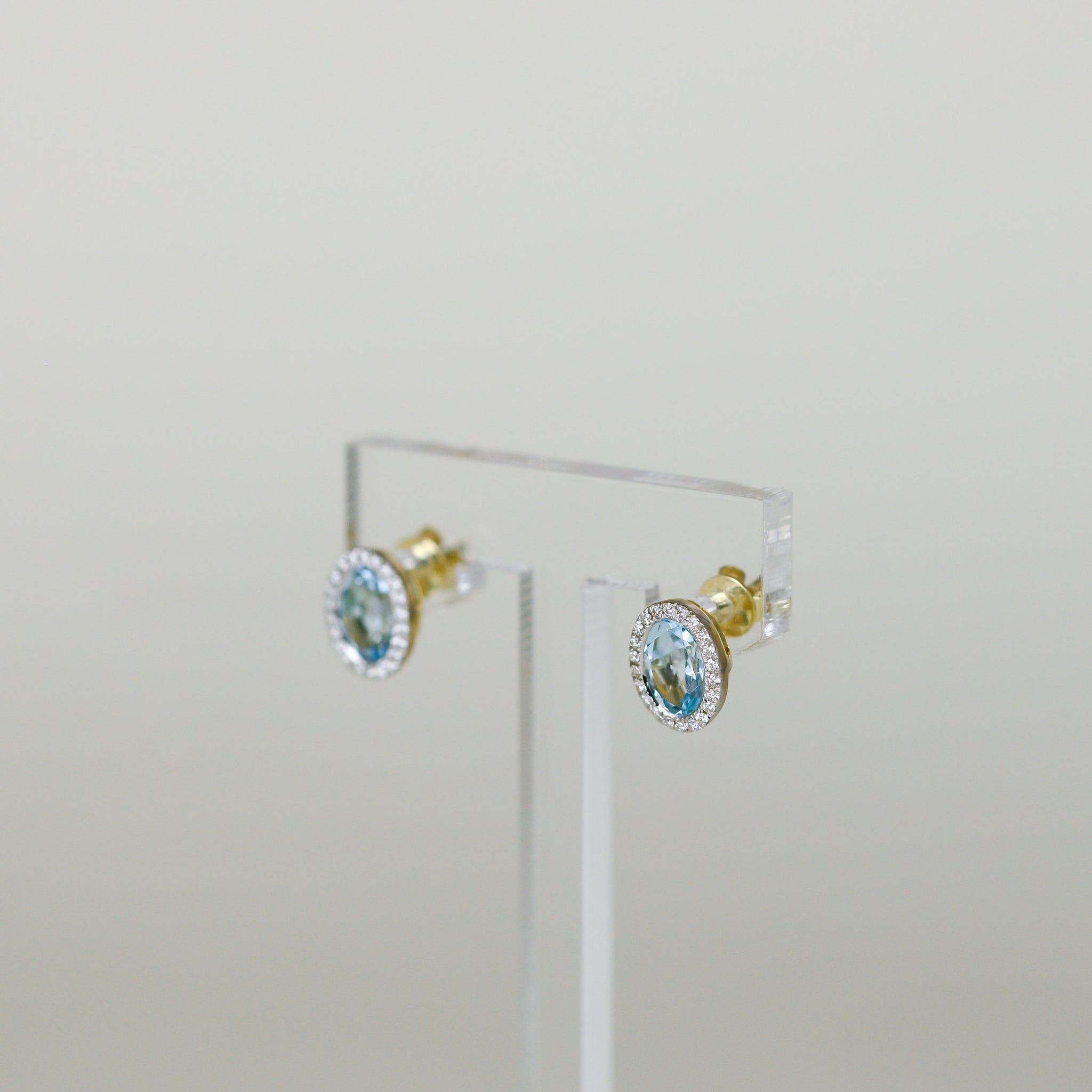 9ct Yellow Gold 1.95ct Oval Blue Topaz and Diamond Stud Earrings Front