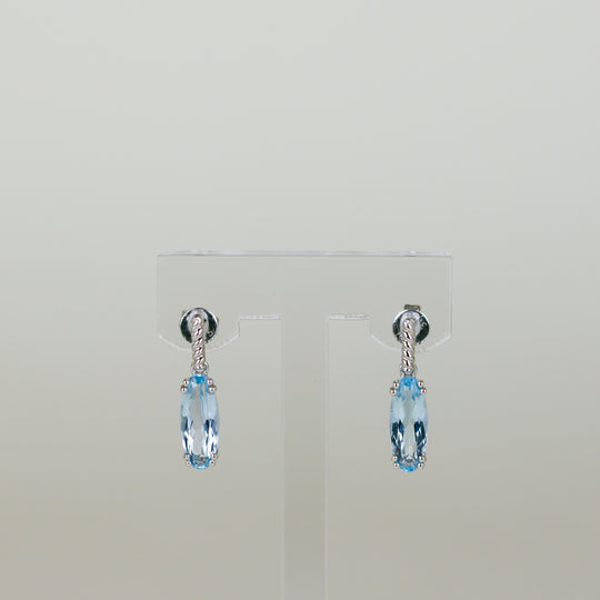 9ct White Gold 3.18ct Elongated Oval Blue Topaz Drop Earrings