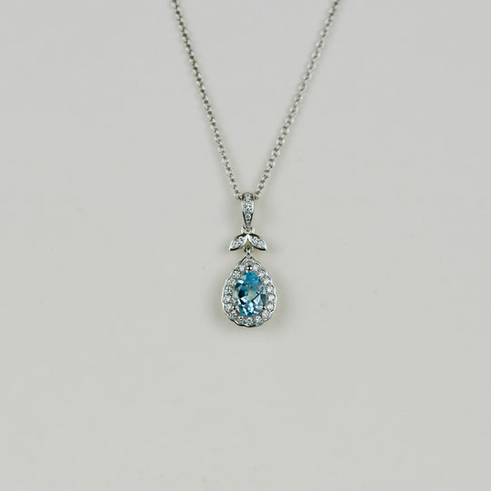 9ct White Gold 0.85ct Pear Cut Blue Topaz and Diamond Pendant