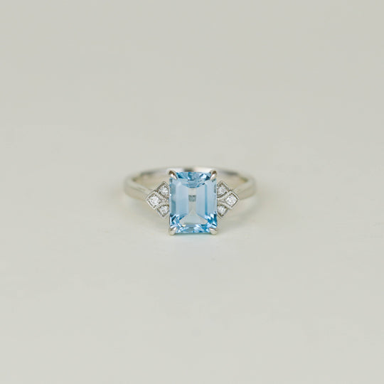 9ct White Gold 2.77ct Emerald Cut Blue Topaz and Diamond Dress Ring