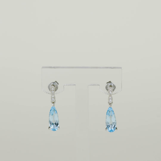 9ct White Gold 2.83ct Elongated Pear Cut Blue Topaz and Diamond Drop Earrings