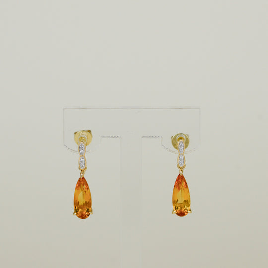 9ct Yellow Gold 2.22ct Elongated Pear Cut Citrine and Diamond Drop Earrings