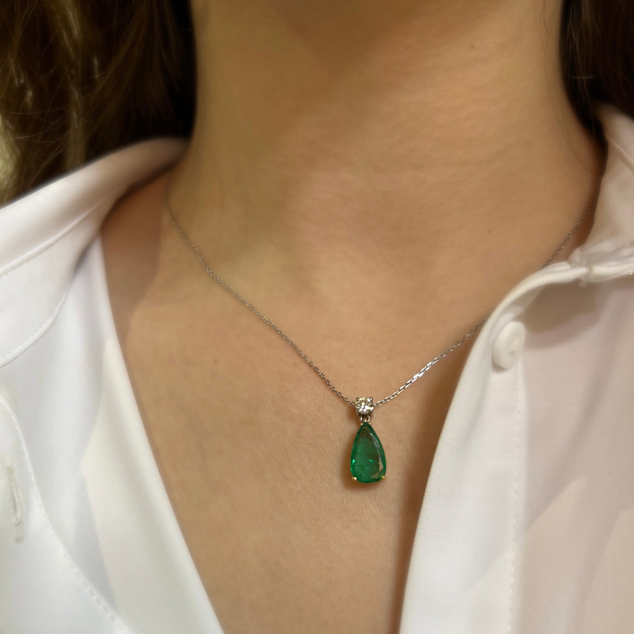 18ct Yellow and White Gold Pear Cut Emerald and Diamond Pendant