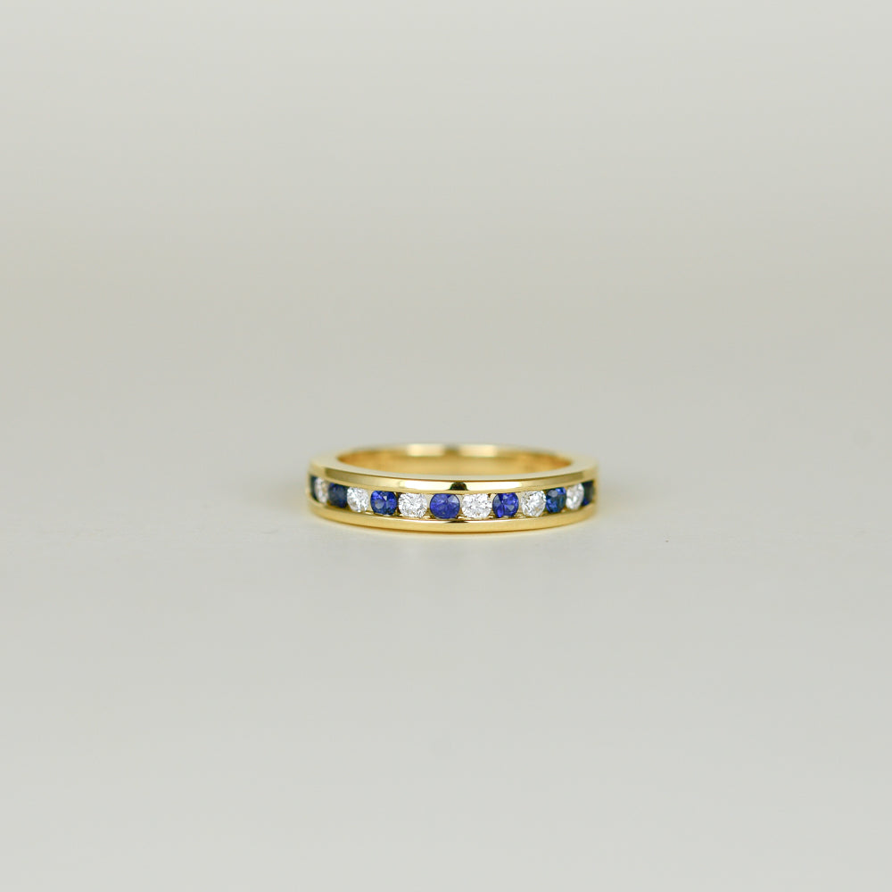 18ct Yellow Gold Round Sapphire and Diamond Channel Set Half Et