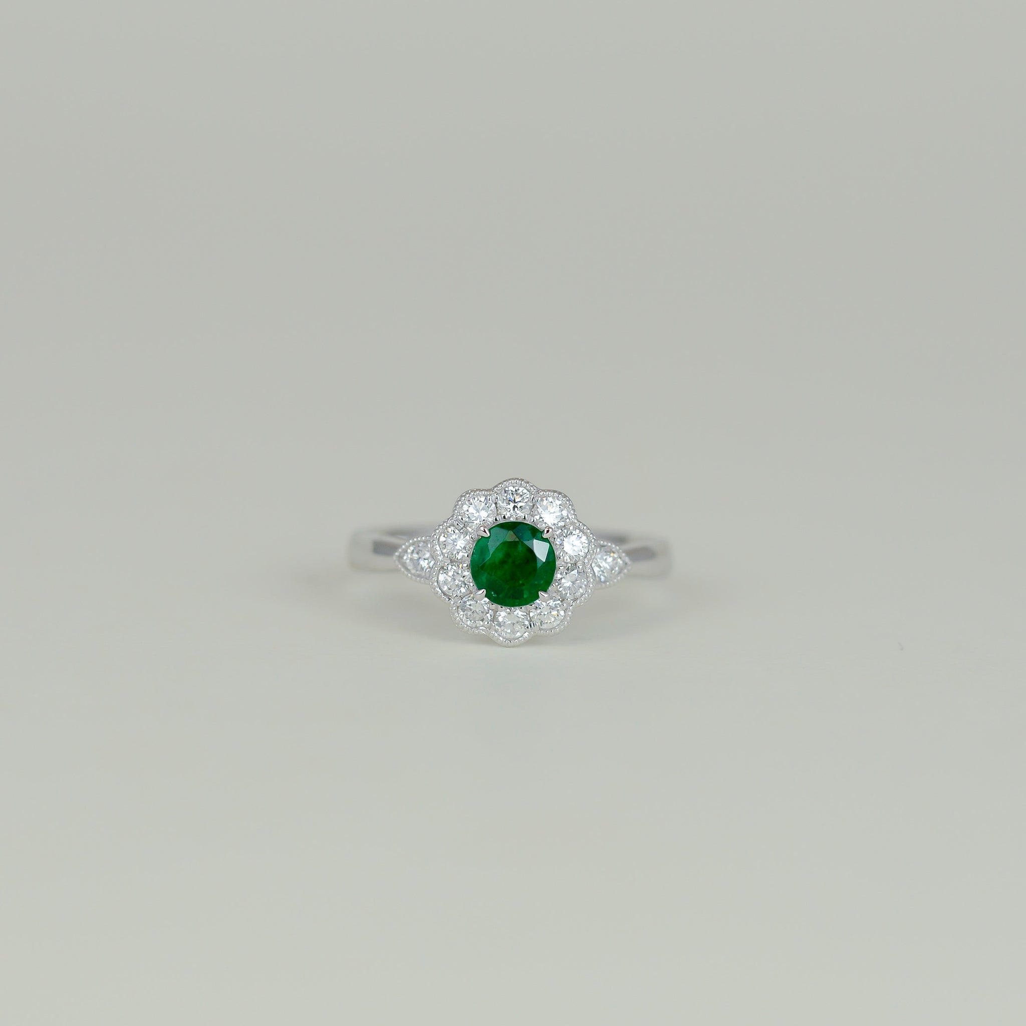 18ct White Gold 0.43ct Emerald and Diamond Cluster Ring