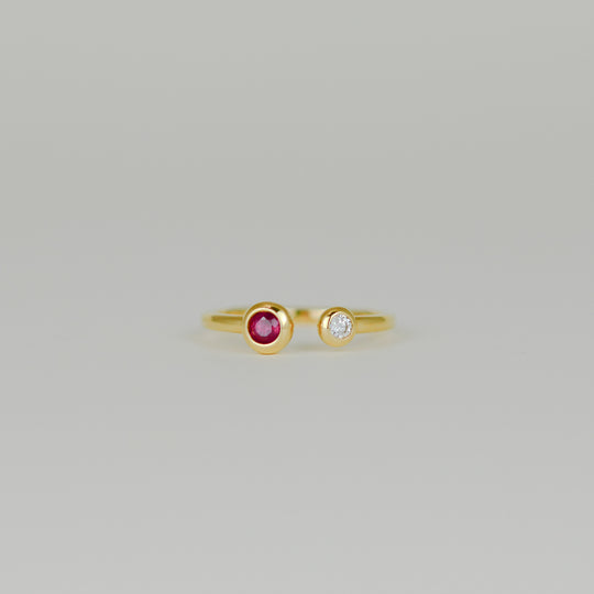 18ct Yellow Gold 0.22ct Round Ruby and Diamond Rub-Set Open Ring