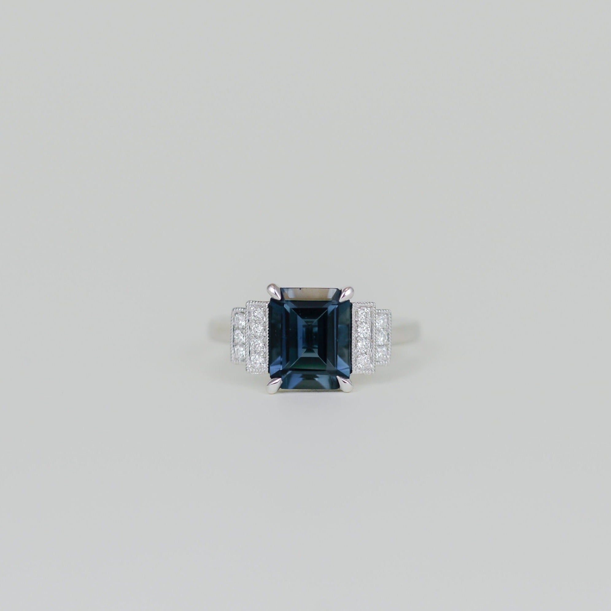 White Gold 9ct Emerald Cut Blue Topaz and Diamond Art Deco Ring