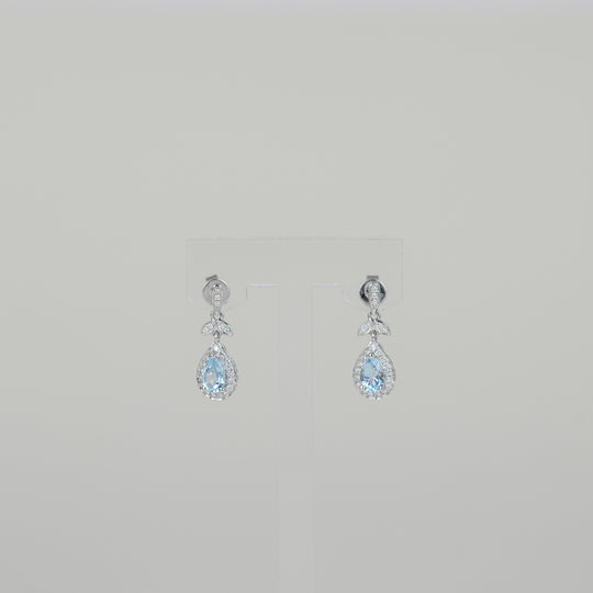 9ct White Gold Pear 1.00ct Blue Topaz and Diamond Drop Earrings