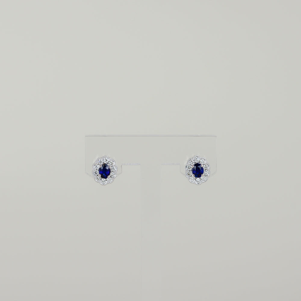 White Gold 18ct Oval Sapphire and Diamond Cluster Stud Earrings