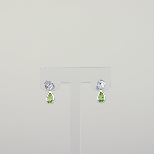 9ct White Gold 0.43ct Pear Cut Peridot and Diamond Drop Stud Earrings
