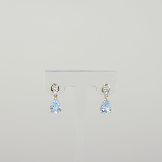 9ct Yellow Gold 1.72ct Pear Cut Blue Topaz and Diamond Drop Earrings