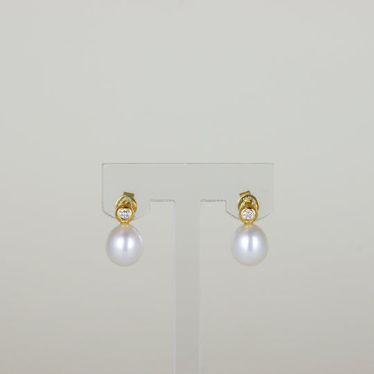 18ct Yellow Gold Oval Freshwater Pearl and Diamond Stud Drop Earrings