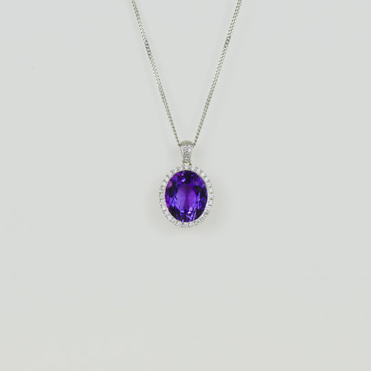 9ct White Gold 4.75ct Oval Amethyst and Diamond Pendant