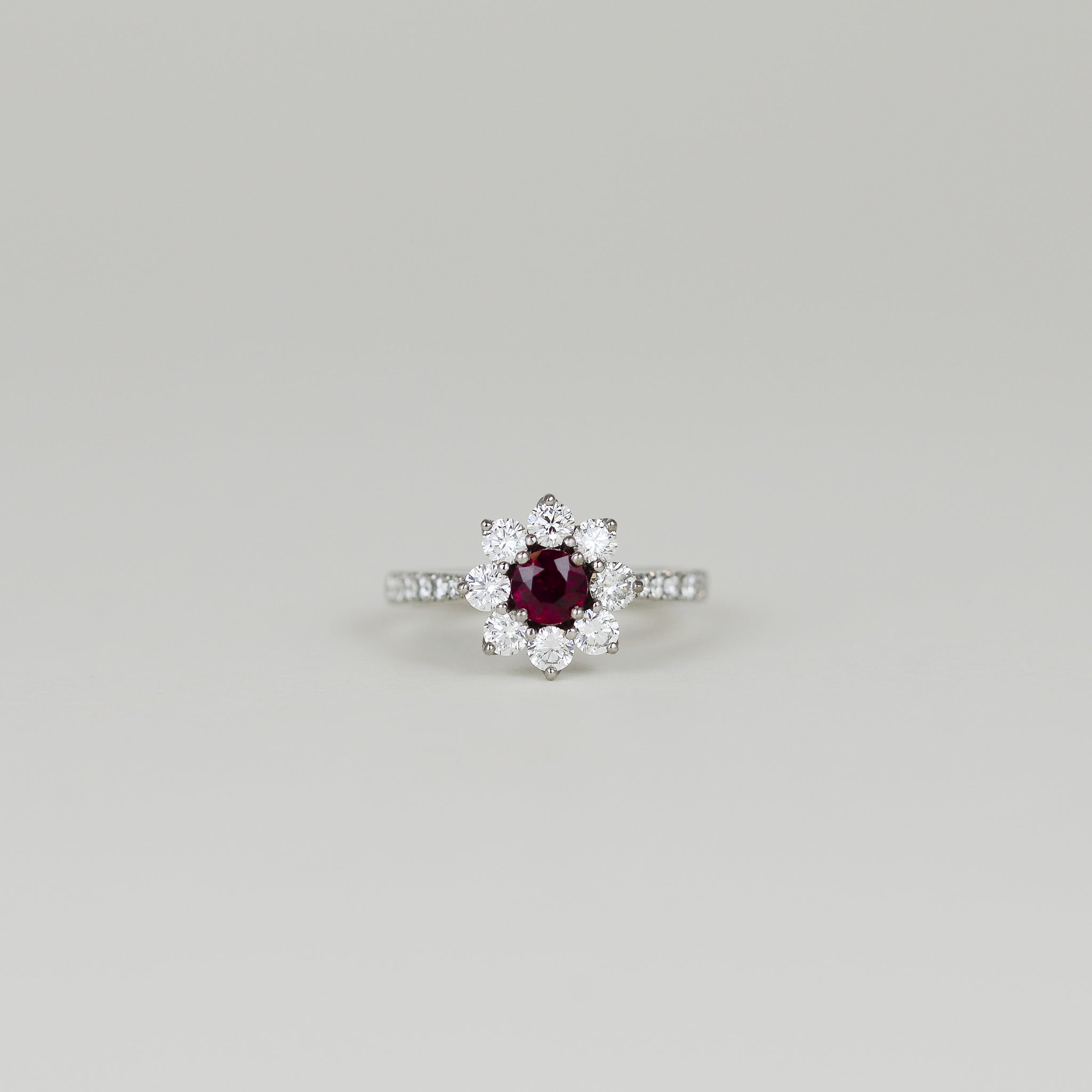 18ct White Gold 0.64ct Round Ruby and Diamond Cluster Ring