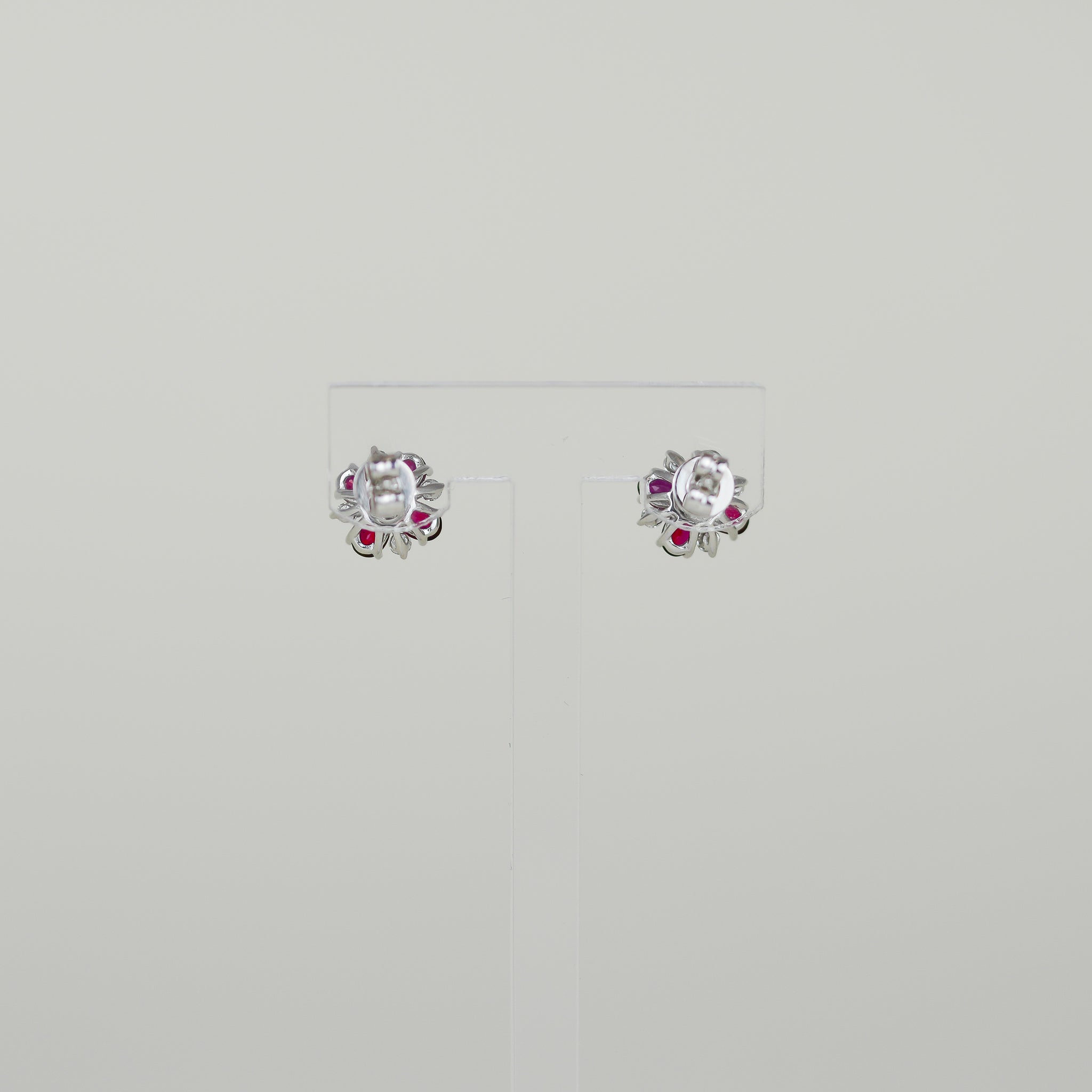 18ct White Gold 1.86ct Oval Ruby and Diamond Cluster Stud Earrings