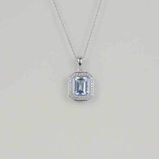 9ct White Gold 2.65ct Rub Set Blue Topaz and Diamond Art Deco Pendant