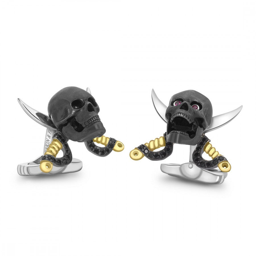 Sterling Silver Skull and Swords Cufflinks With Ruby Eyes