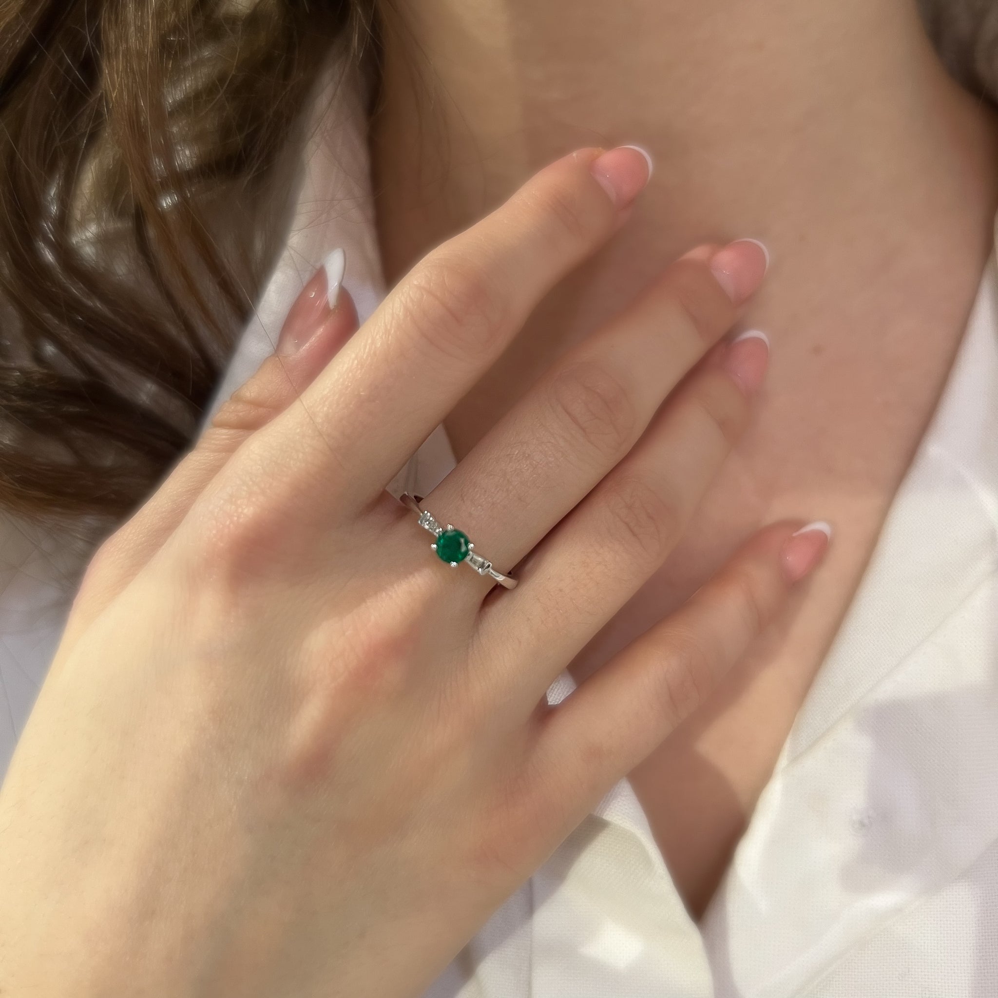 18ct White Gold 0.36ct Round Emerald and Diamond Three Stone Ring