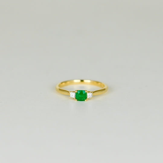 18ct Yellow Gold 0.25ct Cushion Emerald and Diamond Three Stone Ring