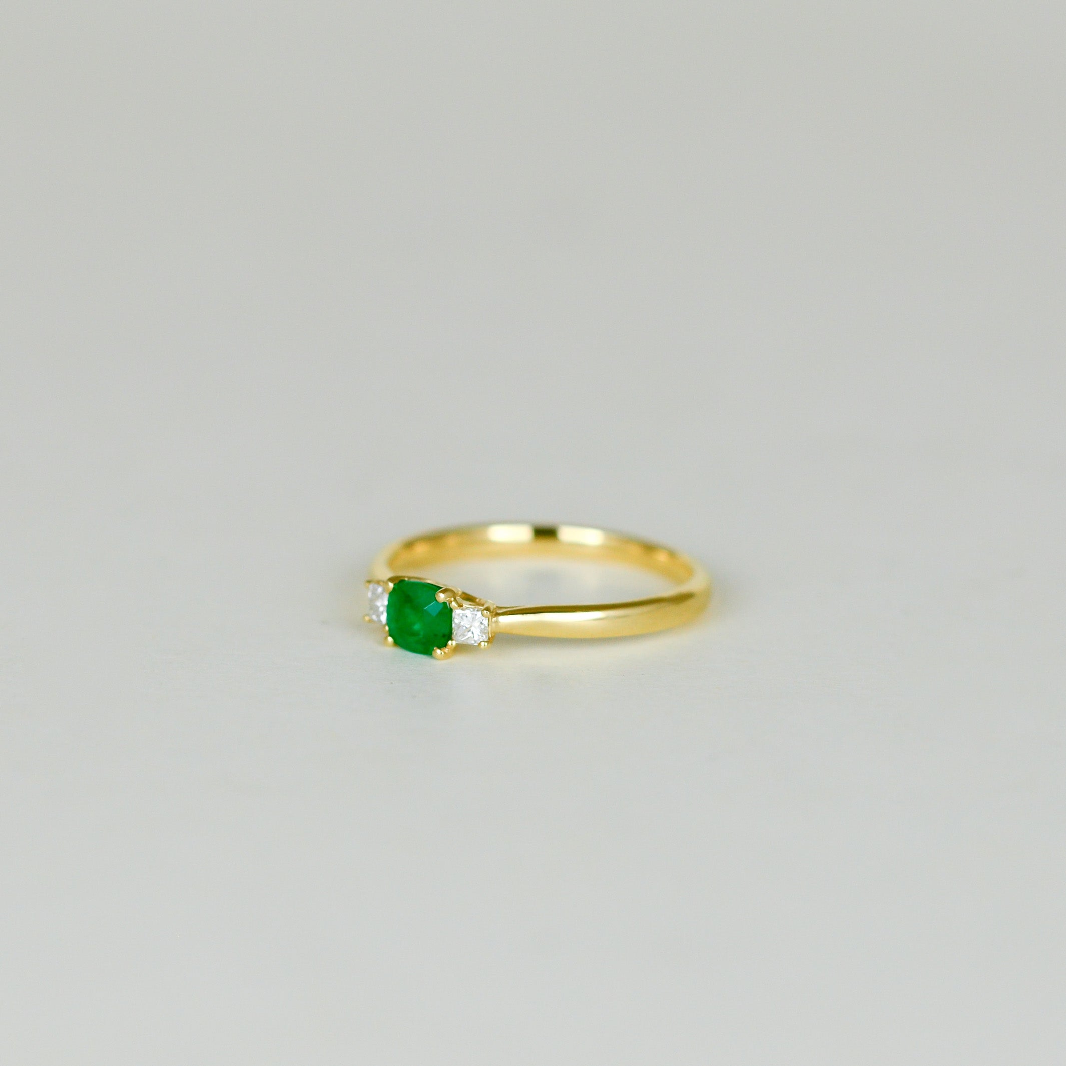 14k Yellow Gold Three Stone Emerald & Diamond Ring - Dainty Rope Design, Handmade In USA, Size 8