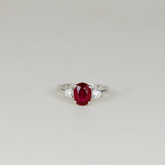 Platinum 2.39ct Oval Ruby and Diamond Three Stone Ring