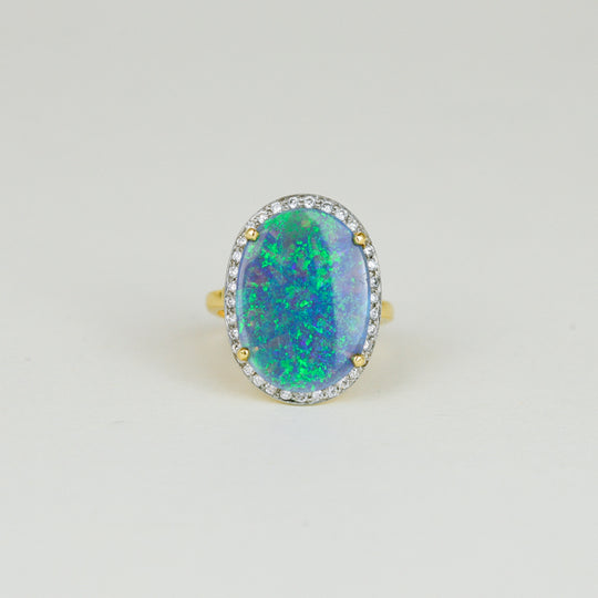 18ct Yellow and White Gold 5.35ct Black Opal and Diamond Cluster Ring