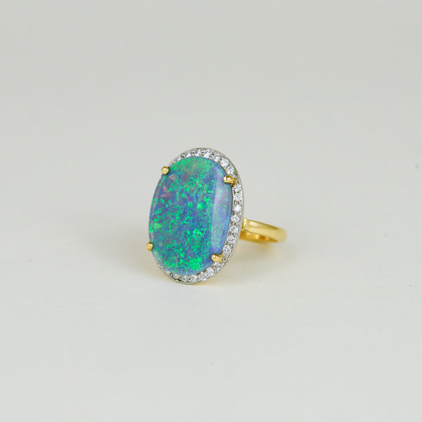 18ct Yellow and White Gold 5.35ct Black Opal and Diamond Cluster Ring