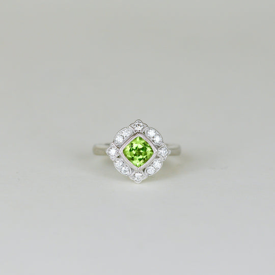 Platinum 1.08ct Cushion Peridot and Diamond Dress Ring