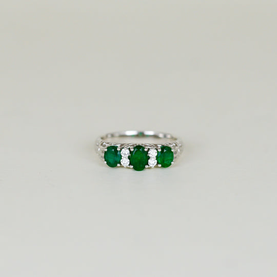 Platinum 1.07ct Oval Emerald and Diamond Dress Ring