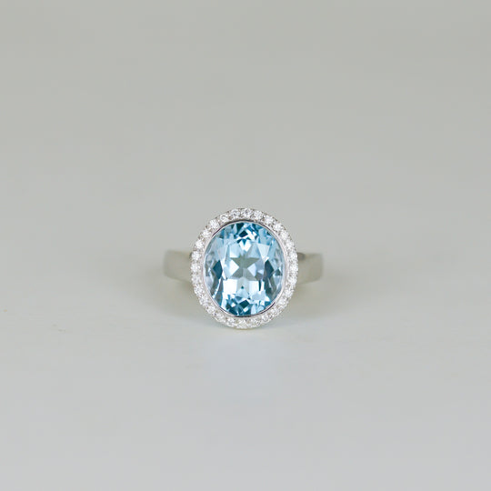 9ct White Gold 6.49ct Oval Blue Topaz and Diamond Dress Ring