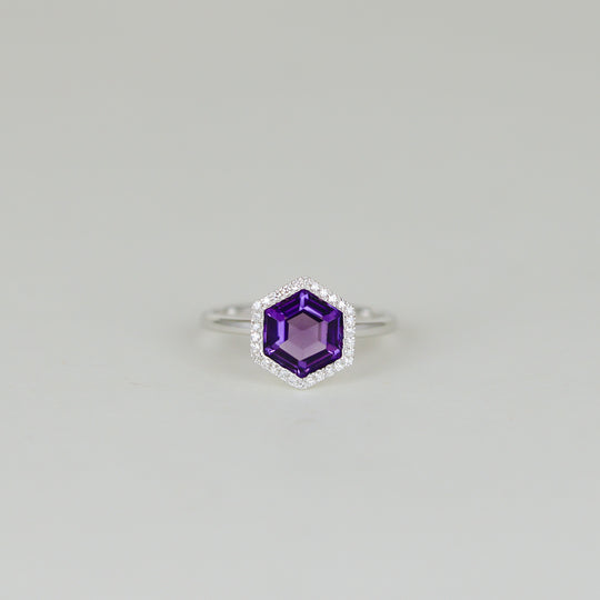 9ct White Gold 2.16ct Hexagon Amethyst and Diamond Dress Ring