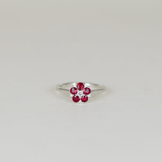 Platinum 0.56ct Round Ruby and Diamond Daisy Style Cluster Ring