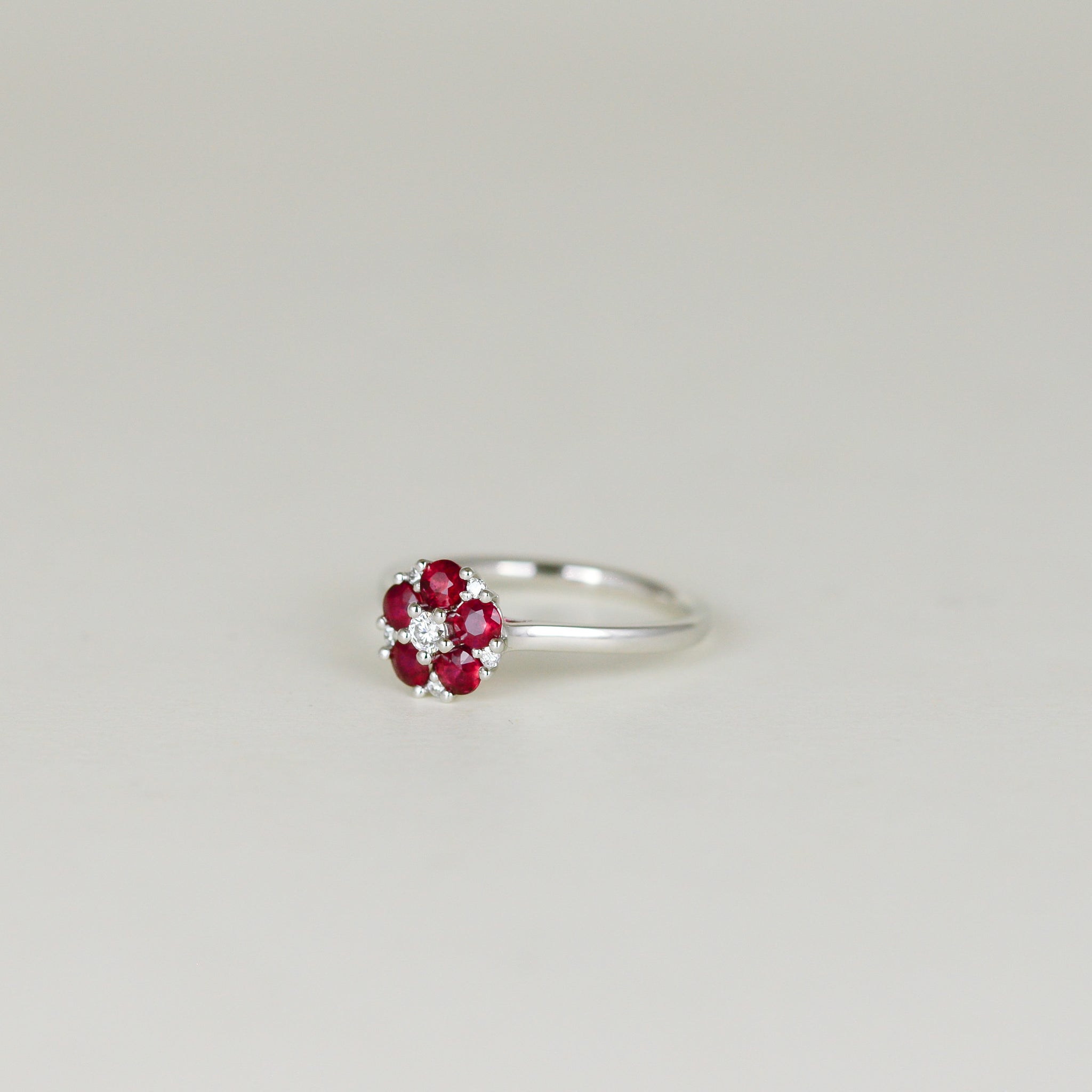 Platinum 0.56ct Round Ruby and Diamond Daisy Style Cluster Ring