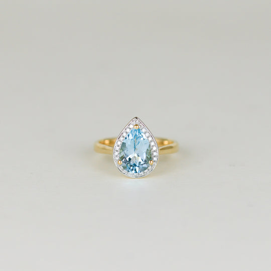 9ct Yellow Gold 2.46ct Pear Cut Blue Topaz and Diamond Dress Ring