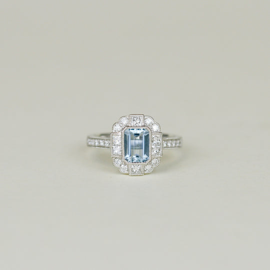 Platinum 0.97ct Emerald Cut Aquamarine and Diamond Dress Ring