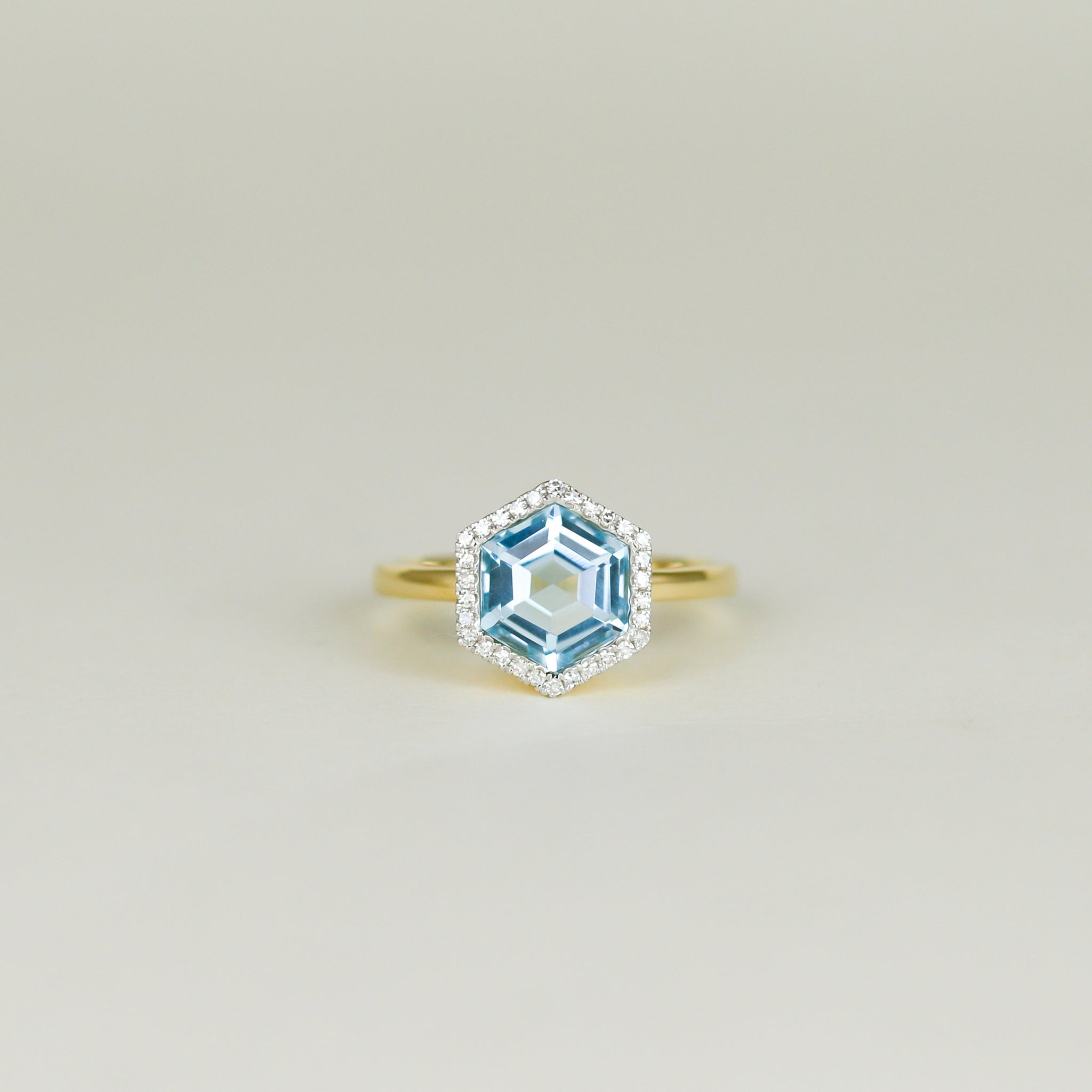 9ct Yellow Gold 2.64ct Hexagon Blue Topaz and Diamond Dress Ring