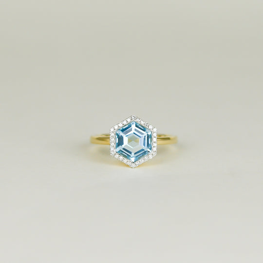 9ct Yellow Gold 2.64ct Hexagon Blue Topaz and Diamond Dress Ring