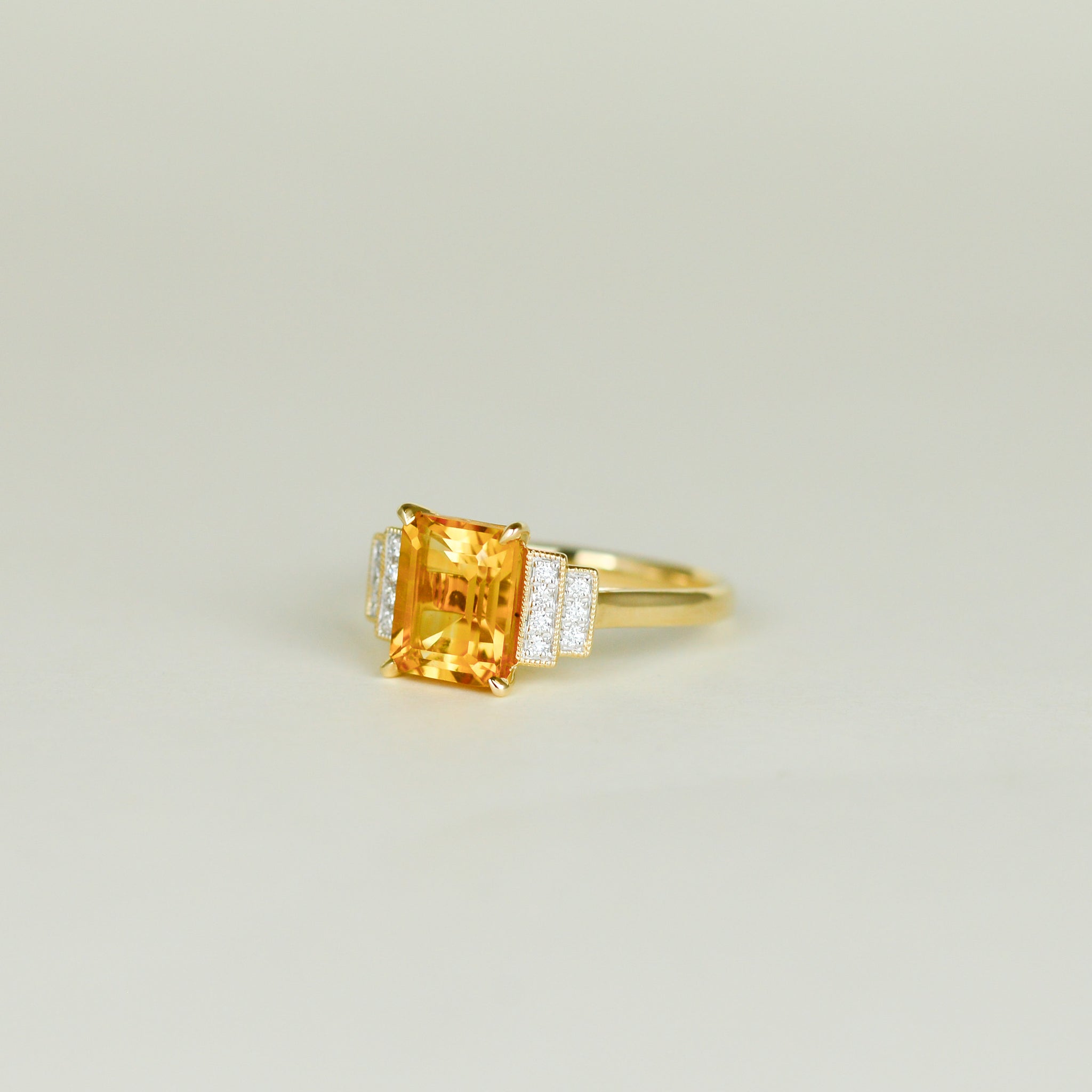 9ct Yellow 2.37ct Emerald Cut Citrine and Diamond Art Deco Ring