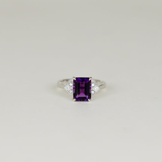 9ct White Gold 1.99ct Emerald Cut Amethyst and Diamond Dress Ring