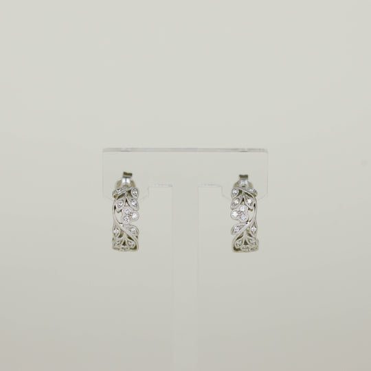 18ct White Gold 0.22ct Round Brilliant Diamond Leaf Hoop Earrings