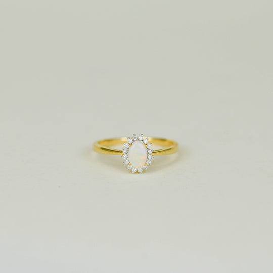 18ct Yellow Gold 0.31ct Oval Opal and Diamond Cluster Ring