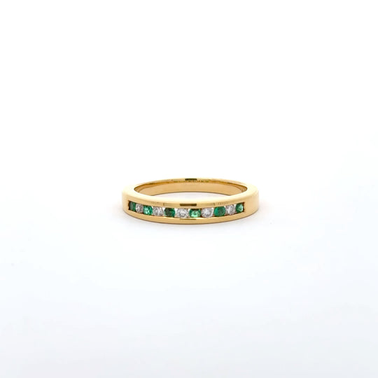 18ct Yellow Gold 0.12ct Rub Set Emerald and Diamond Half Eternity Ring