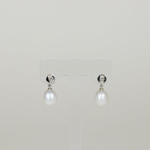 18ct White Gold Oval Freshwater Pearl and Diamond Drop Earrings