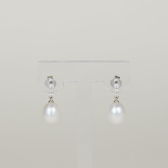 18ct White Gold Oval Freshwater Pearl and Diamond Drop Earrings