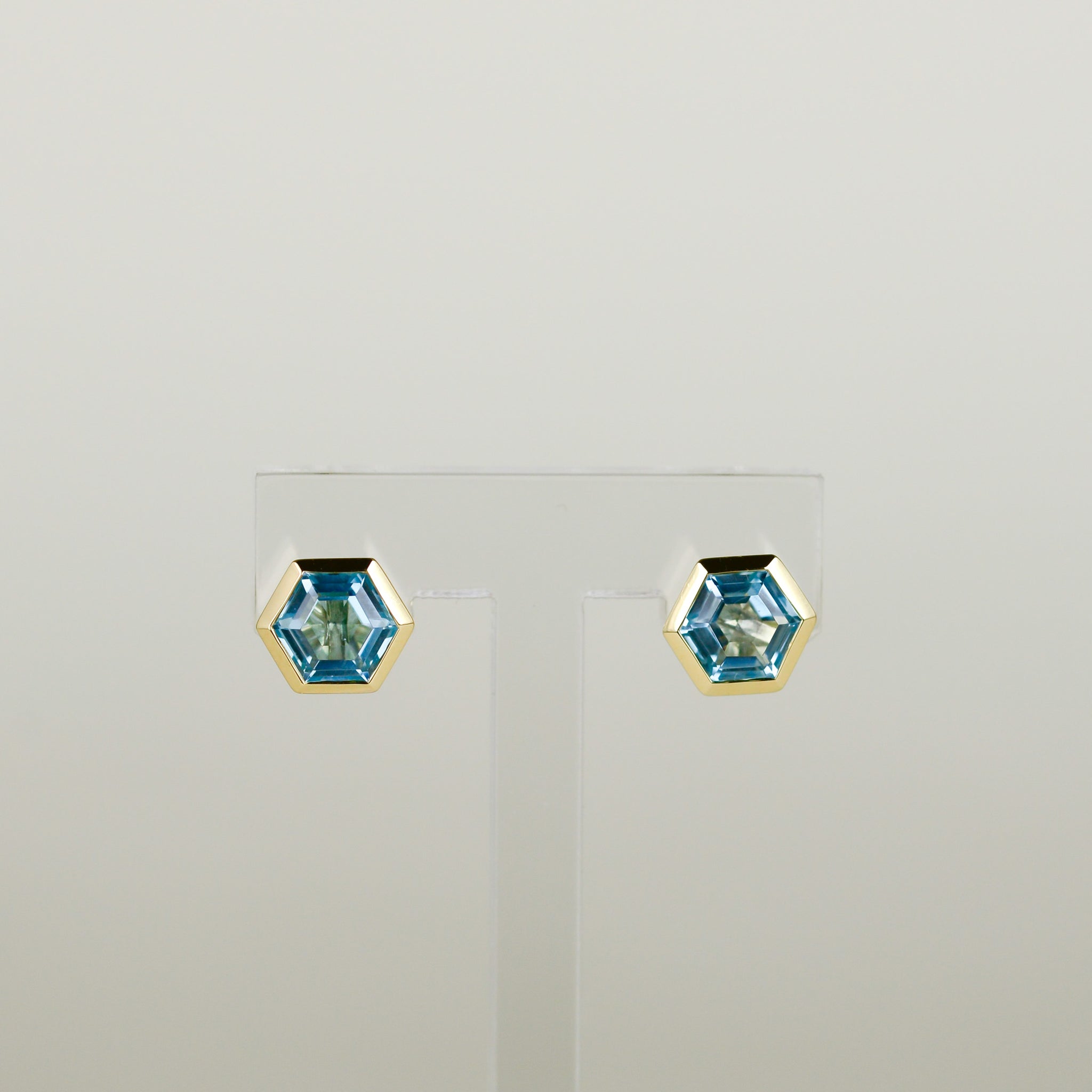 9ct Yellow Gold 3.37ct Hexagon Blue Topaz Rub Set Stud Earrings
